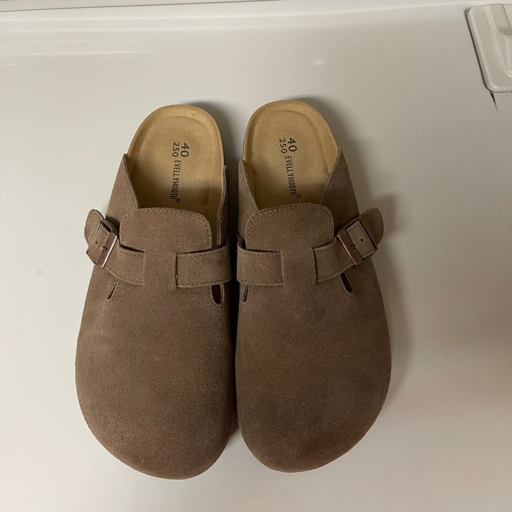 Tan Suede Clogs with Adjustable Buckle. Like new, only worn twice. So comfy! - Picture 6 of 9